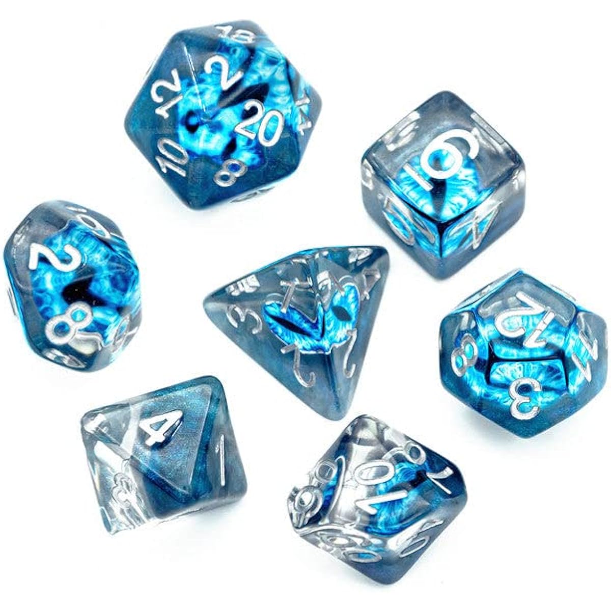 BrycesDice Blue Demon Eye Dragon Eye Dice 7 Dice Set Resin Dungeon and Dragon Dice, Regular Size
