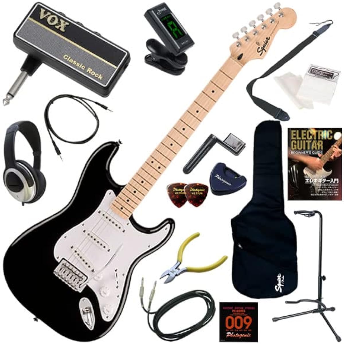 Squier Electric Guitar Beginner's Set 16-piece Set Including Headphones, Guitar, and AmPlug2 Amplifier Sonic Stratocaster/BLK (Black)