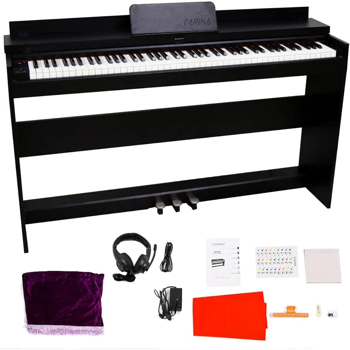 Carina Electronic Piano 88 Keyboard Hammer Action Keyboard 3 Pedals Wooden Stand (Black)