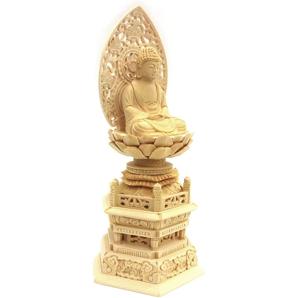 Kurita Buddha Statue Brand [Tathagata] Shakyamuni Buddha Seated Statue Made of Cypress Wood High Quality Wood Carving Grass Halo Hexagonal Stand (2.0 inch) 531
