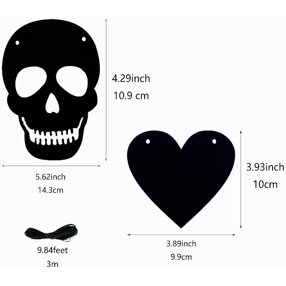 SaktopDeco Black Heart Skull Garland Felt Skull Heart Banner Gothic Valentine Decor Halloween Home Decorations Set of 2
