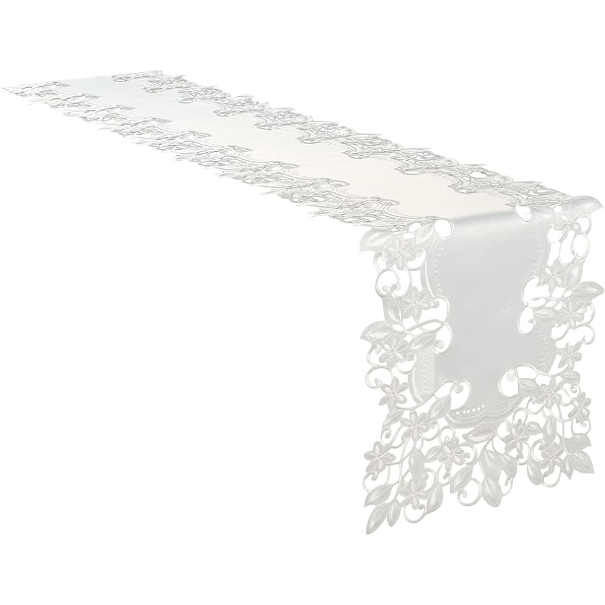 White Table Runner - Lace Linen Dresser Scarf with European Embroidery - Perfect for Kitchen Dining Room Home Decor Wedding Reception - 14 x 108 Inch - Durbin Collection