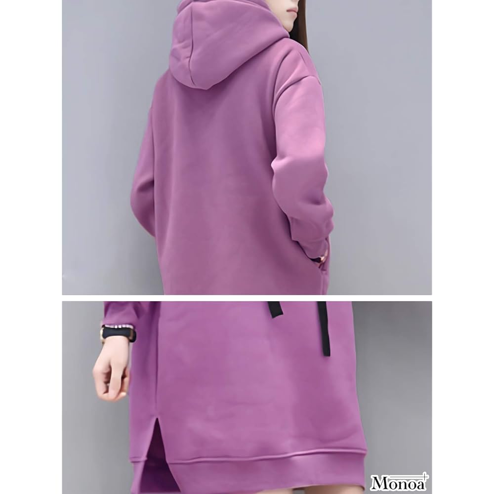 Monoa Women's Parka, Long Sleeve Top, Sweatshirt, Brushed Lining, Long Length, Logo Embroidery, Hooded Pullover