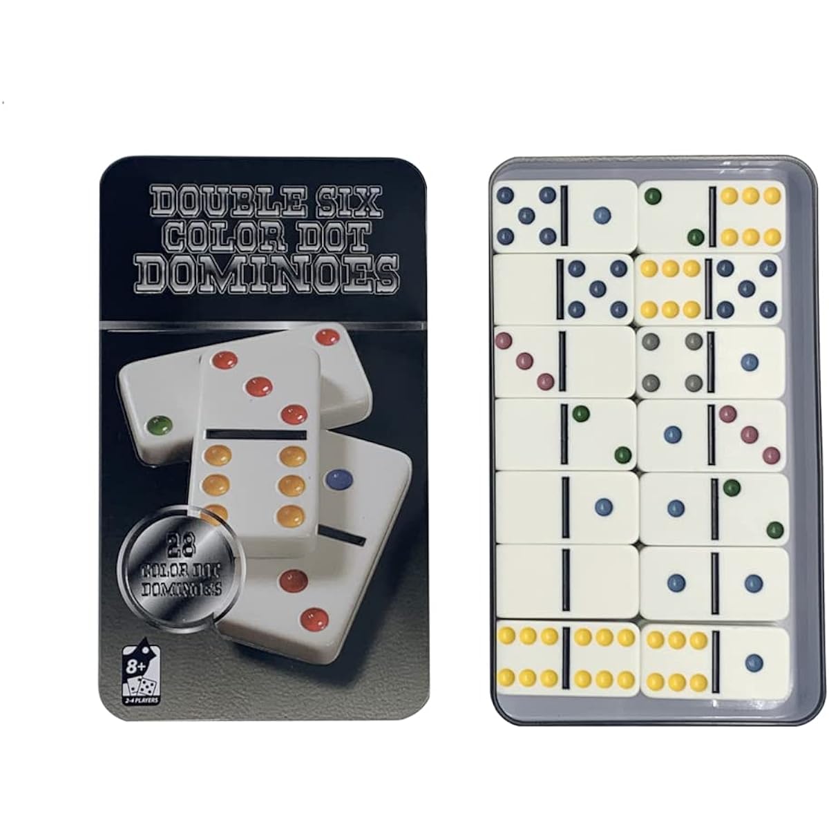 Double 6 Domino Tile Game Set - 28 Tiles Color Dot Ivory Dominoes with Tin Box Storage Bag (2)