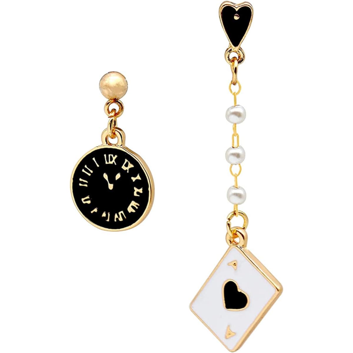 MALOYANVE Asymmetric Clock Poker Dangle Earrings Creative Playing Cards Red Heart Long Pentagonal Alarm Clock Drop Earrings for Women Girls Birthday Gambling Casino Jewelry Gift
