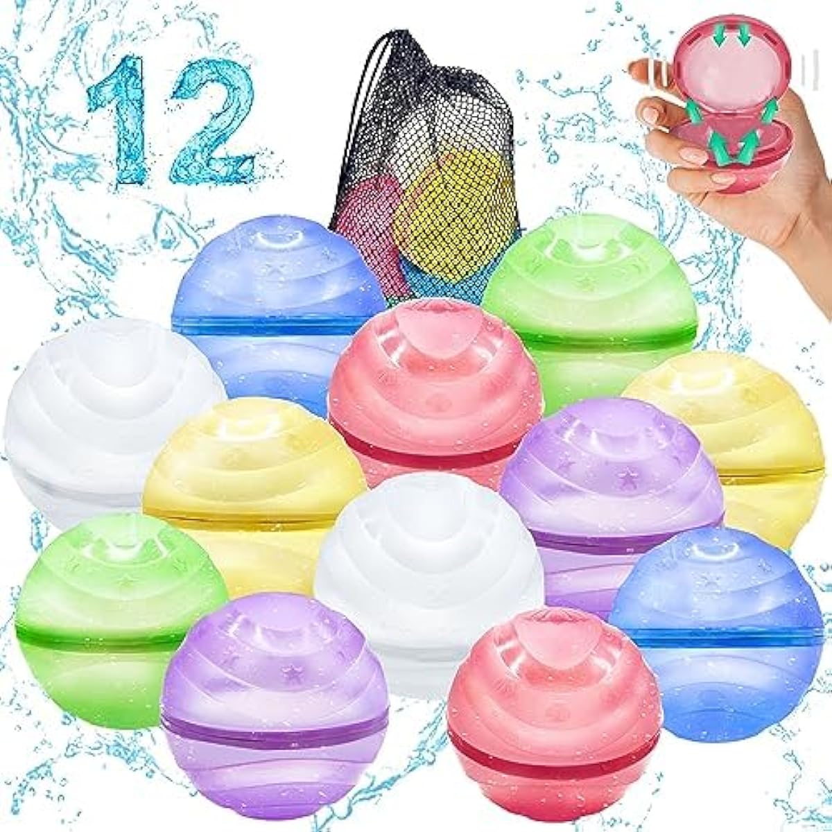 Bambibo Reusable Water Balloons for Kids - 12pcs Latex Free Soft Silicone Shell Water Balloons for Kids | Summer Toy Water Balloons | Self Sealed Refillable Water Balloons