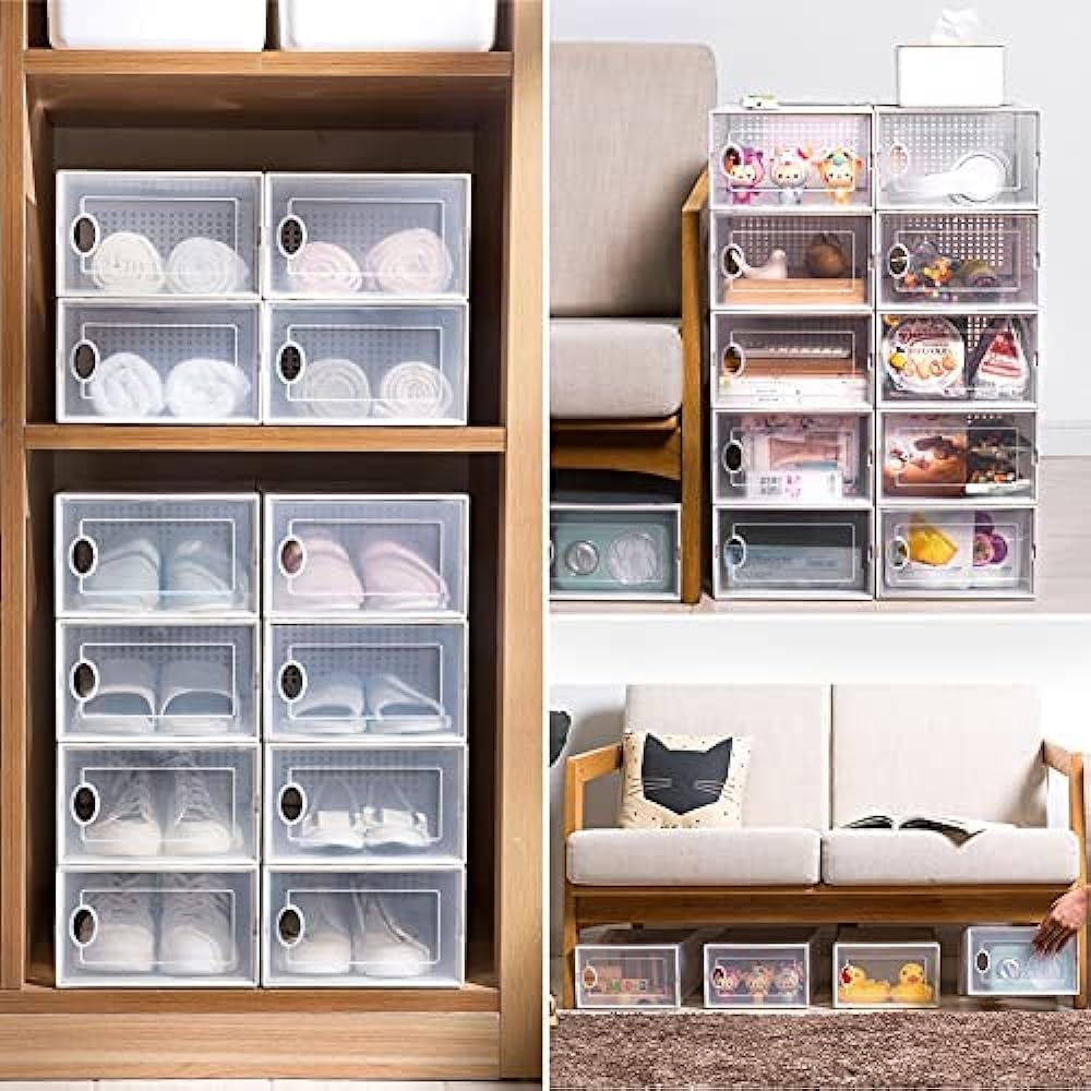 TAKARAFUNE Shoe Box, Shoe Box, Set of 12, Shoe Storage Box, Sneaker Storage, Transparent, Clear, Shoe Storage Shelf, Multi-layer, Openable Door, Waterproof, Dustproof, Stainproof, Ventilation, Foldable, Large Capacity, Assembly Type, Space Saving, Entran