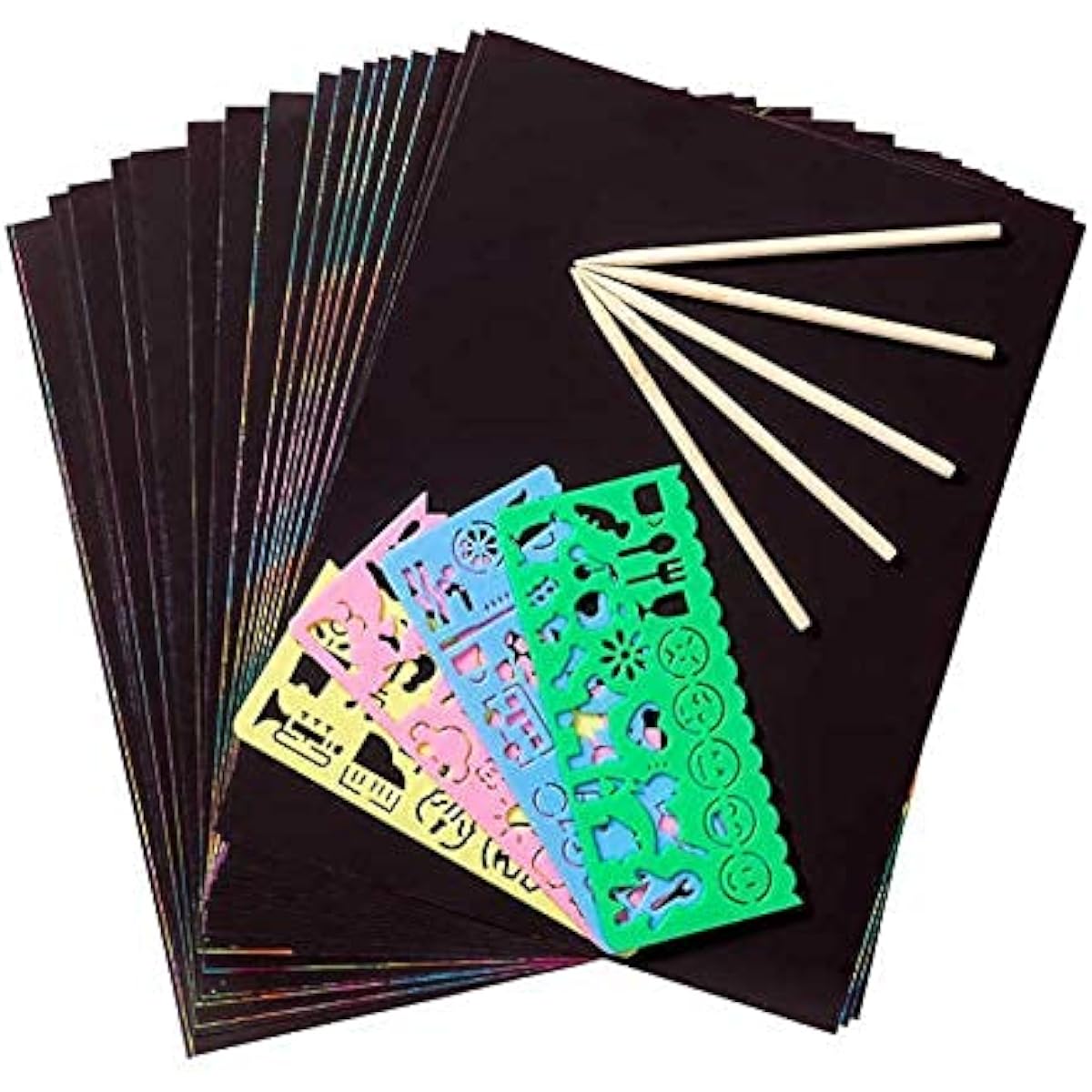 NewtonTech Scratch Rainbow Paper Kit - 50pcs Black Scratch Off Art Paper, 1 Brush, 5 Stylus Pens, 4 Stencils, 4.9" x 7.1", Perfect for Arts & Crafts DIY/Games/Birthday/Christmas and More