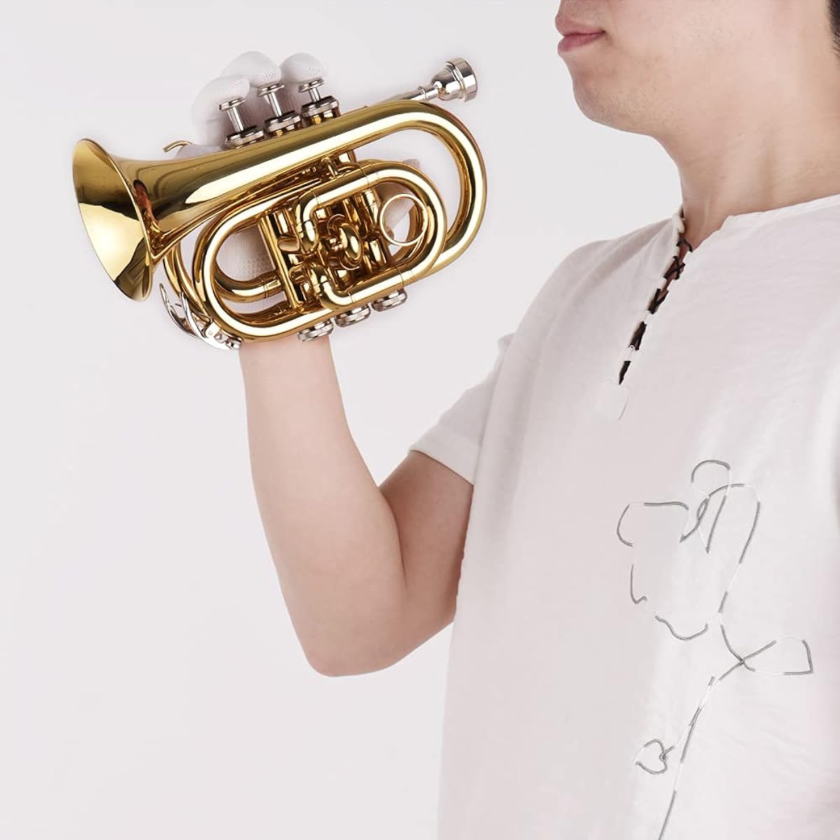 Brass Trumpet, Funien Trumpet Mini Pocket Trumpet Bb Flat Brass Material Mouthpiece Wind Instrument with Glove Cleaning Cloth Carrying Case