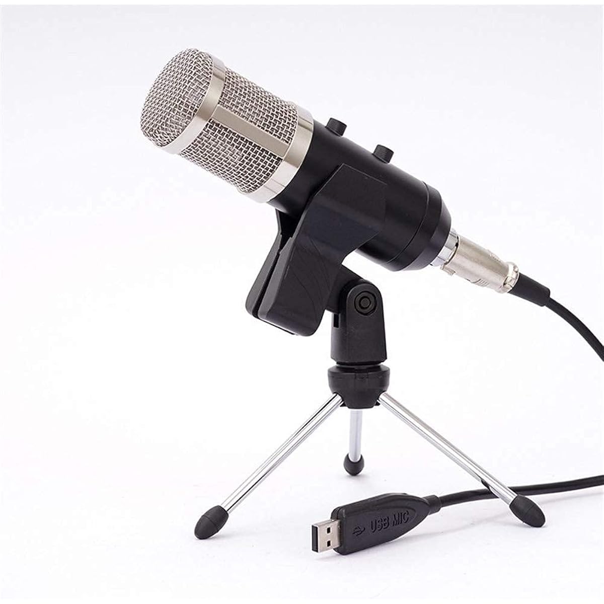 USB Microphone Condenser Set with Cable for YouTuber Live Stream Video Conference Recording Singing (Silver)