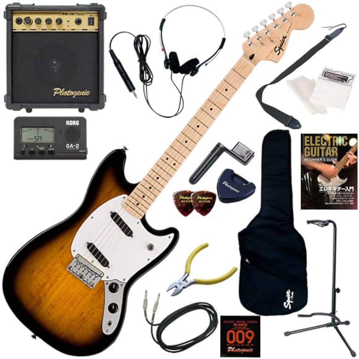 Squier electric guitar beginner's guide short scale standard 15-piece set with 10w amp Sonic Mustang/2CS (2-color sunburst)