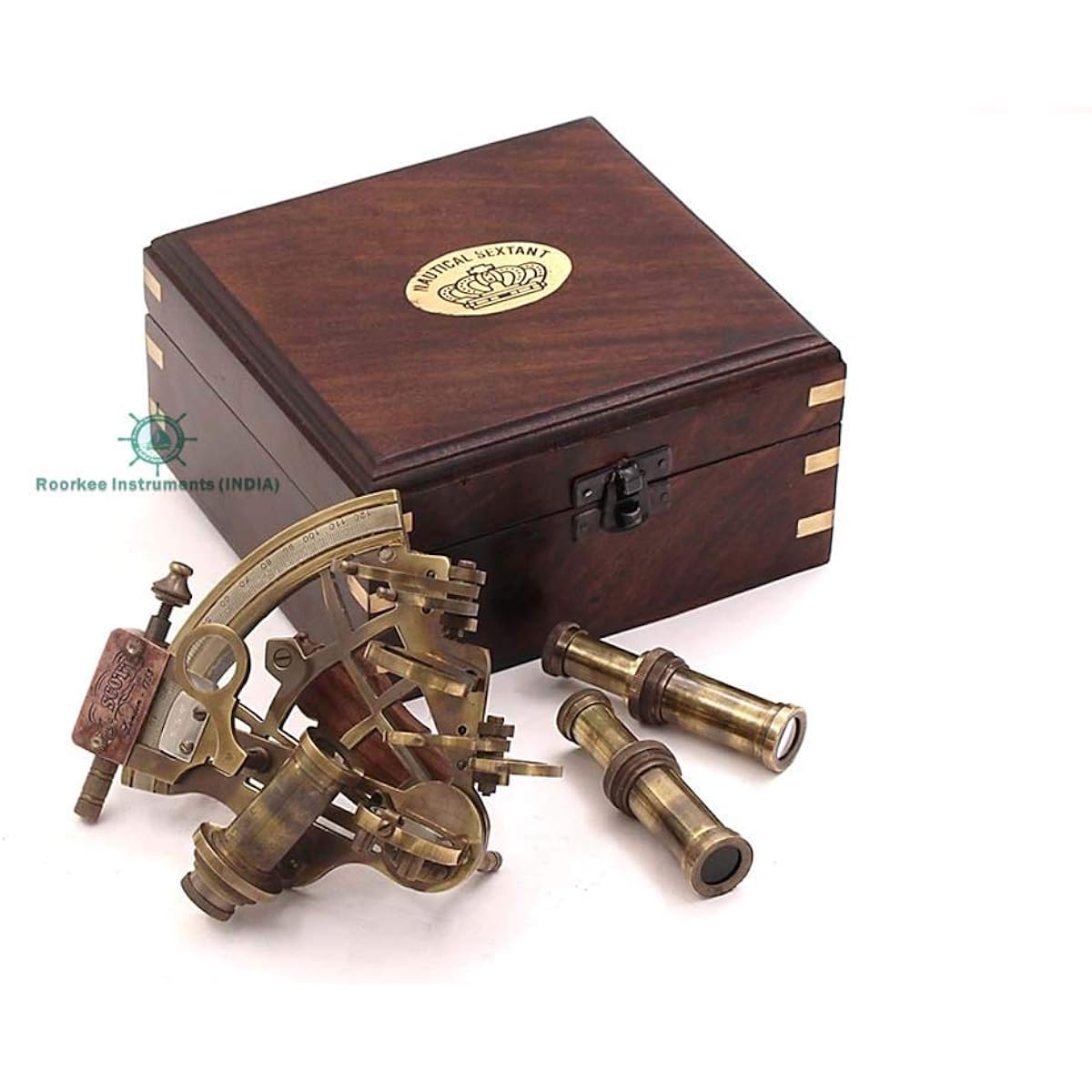 RII J. Scott London Nautical Brass Pocket Sextant, Navy Sailor's Sextant, Celestial Navigation, Astrolabe Sextant Tool with 2 Extra Sighting Telescopes, Wooden Box, Galaxy Gifts, Yellow