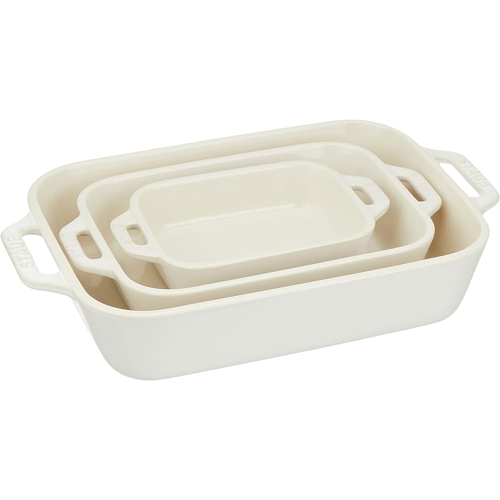 Staub "Rectangular Dish (14 x 11/20 x 16/27 x 20 cm) 3P Set Ivory" Ceramic Set Gratin Dish Oven Microwave Safe [Authorized Japanese Product] Dish 40508-165