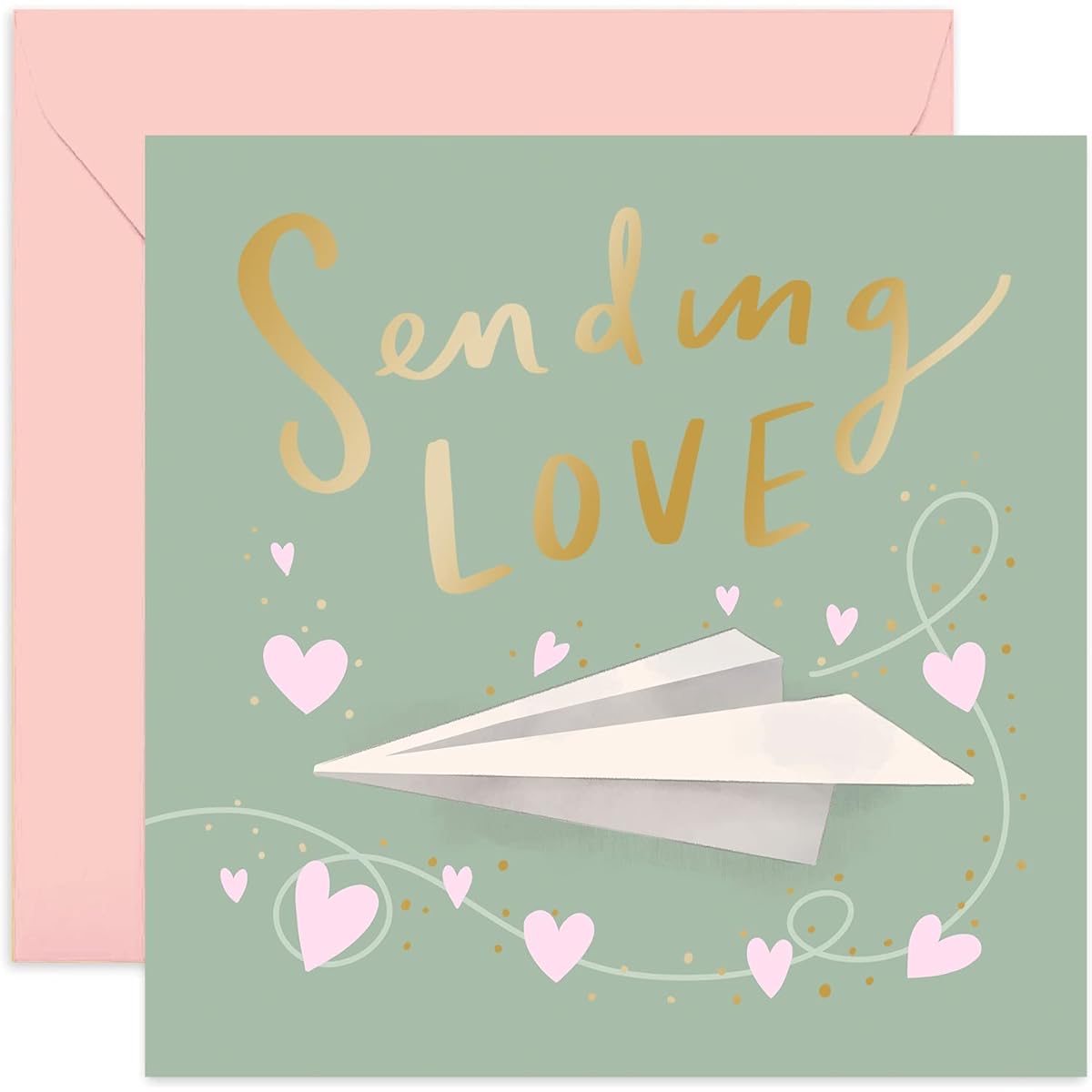 Old English Company Greeting Card - Send Love Paper Planes, Gold Foil, Blank Inside for Friends and Family, Get Well, Sympathy, FSC Certified, 150x150mm, 1 Card & Envelope