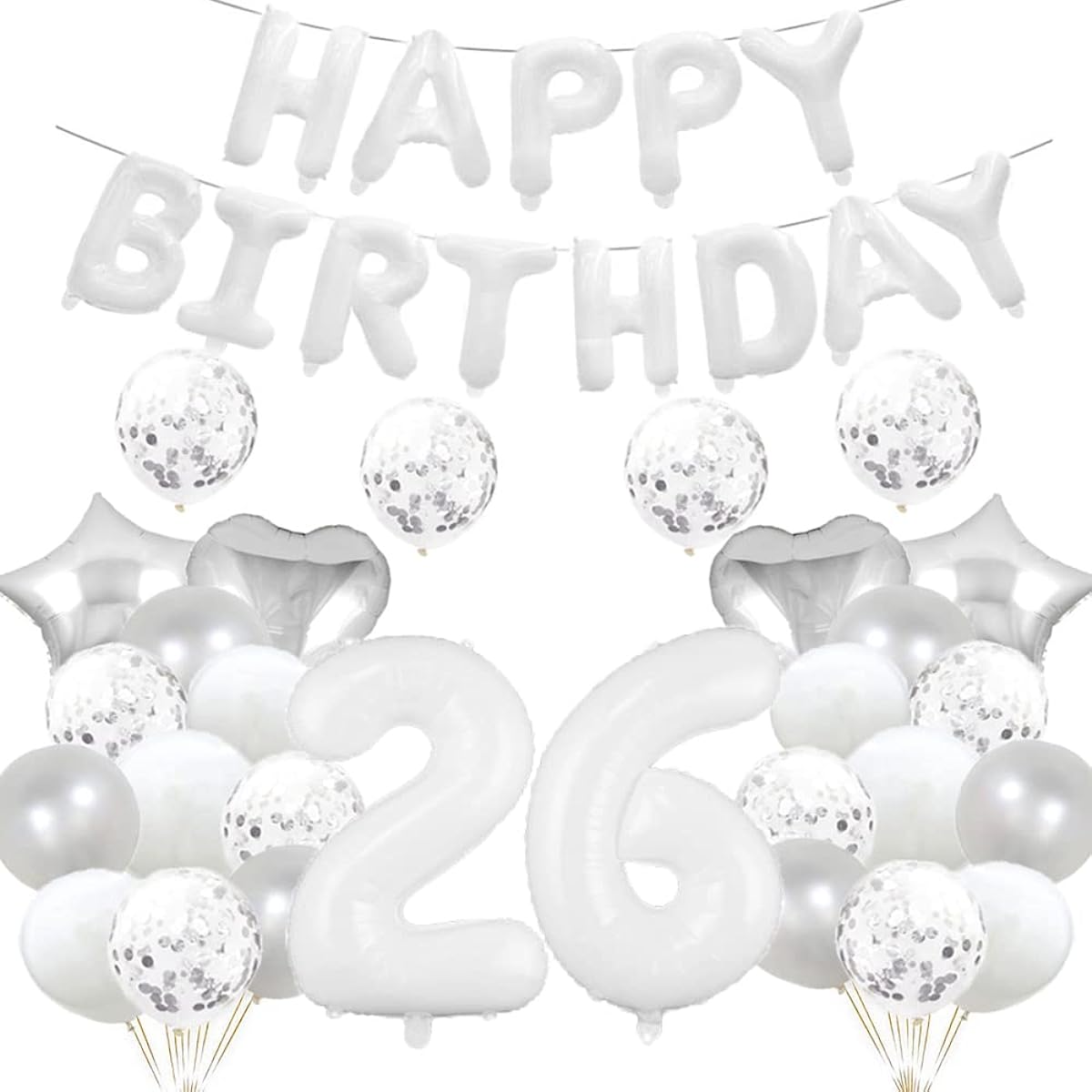 26th Birthday Balloons, 26th Birthday Decorations, White 26 Balloons, Happy 26th Birthday Party Supplies, Number 26 Foil Mylar Balloons, Latex Balloons, Gifts for Women, Men