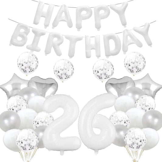 26th Birthday Balloons, 26th Birthday Decorations, White 26 Balloons, Happy 26th Birthday Party Supplies, Number 26 Foil Mylar Balloons, Latex Balloons, Gifts for Women, Men