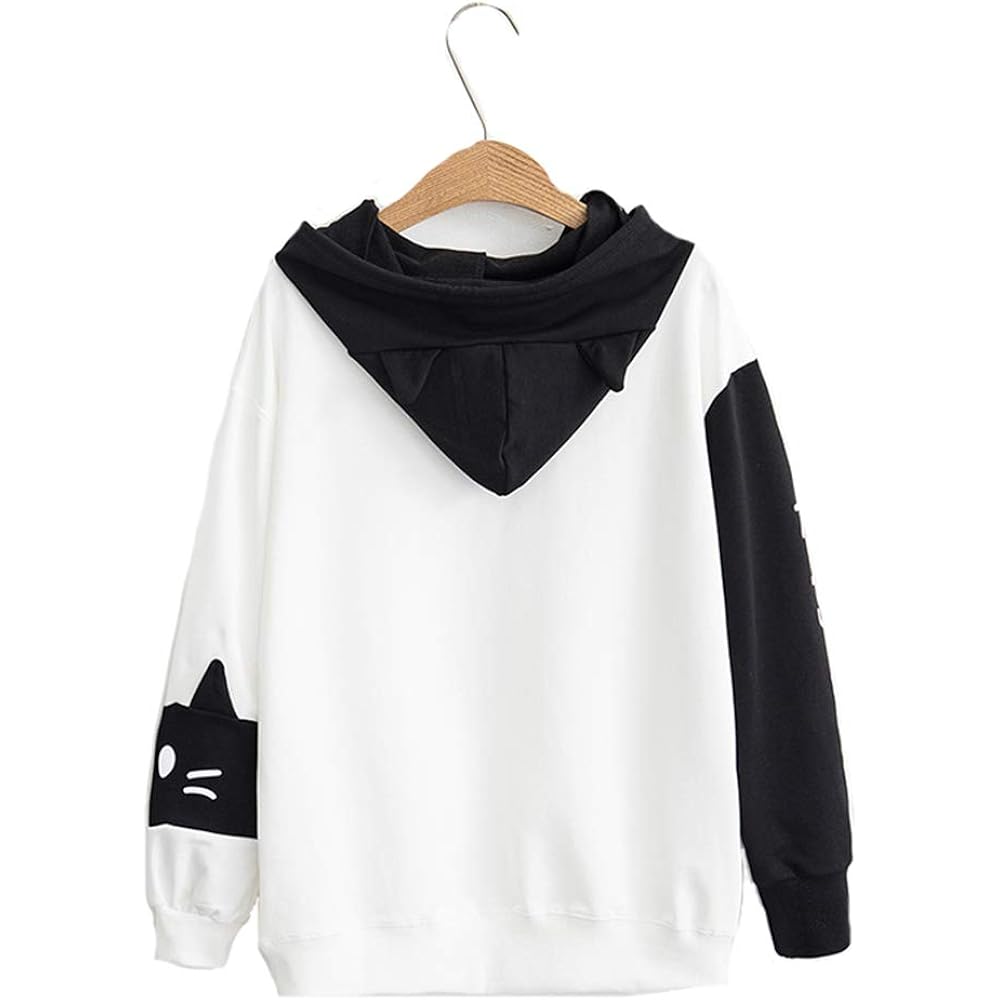 [El Stoppastow] Women's Parka, Spring and Autumn, Cat Embroidery, Loose, Cat Ears, Mori Girl, Pullover, Hooded, Student Parka, Cute