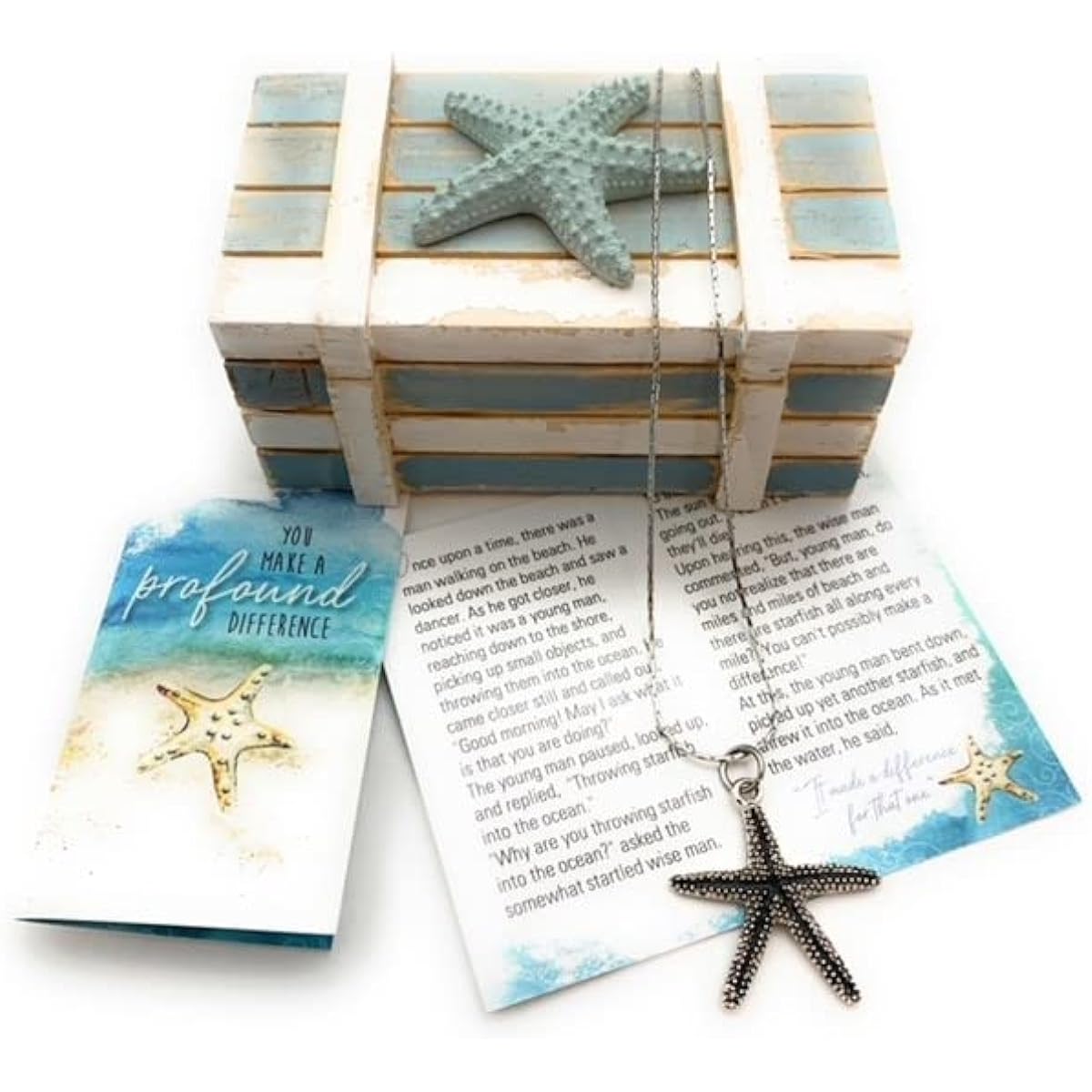 Smiling Wisdom - Starfish Story Keepsake Card - Double-Sided Starfish Necklace Appreciation Gift Set - You Make a Deep Difference Mini Greeting Card - Women, Teens, Teachers, Mentors, Volunteers, Essential Workers - Silver