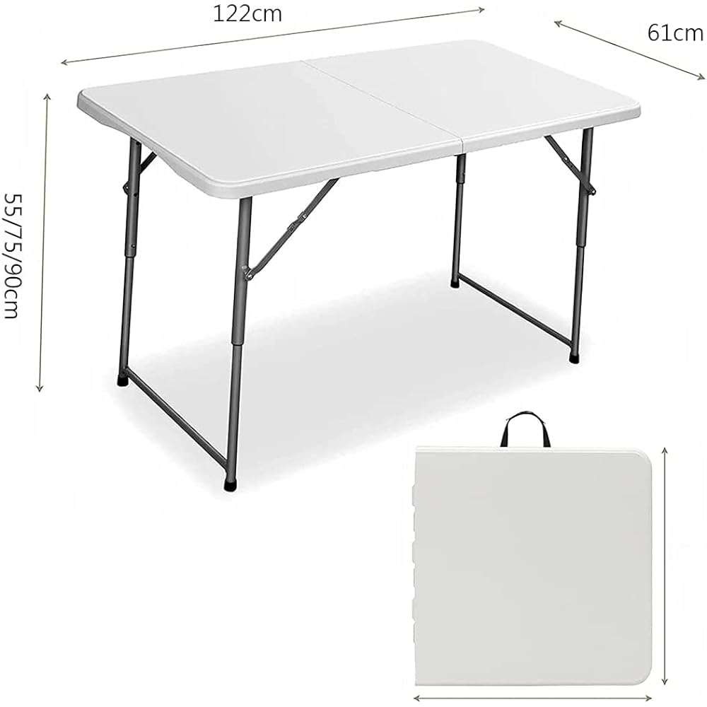 Hushijue Folding Table Outdoor Table for Picnic Leisure Camping Width 122cm Height Adjustable in 3 Levels (White-122cm)