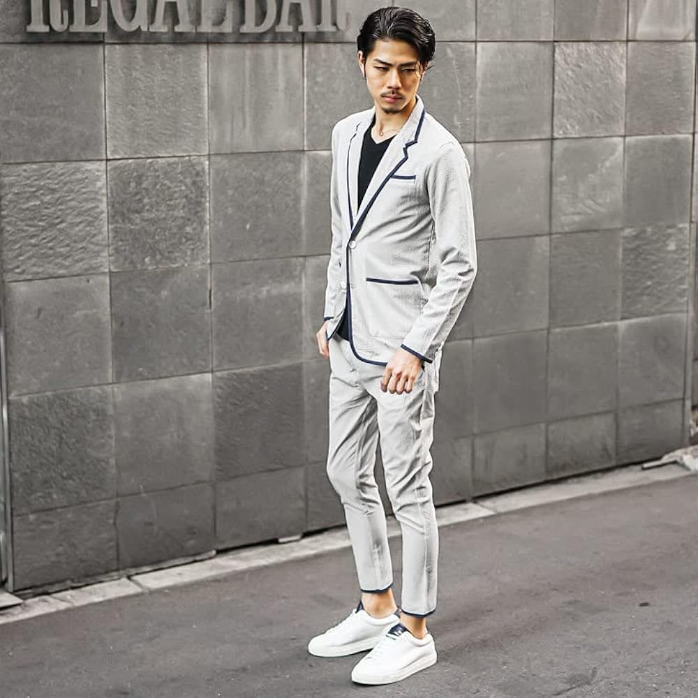 [Samdif] Seersucker Jacket Setup for Men [Summer Material Top and Bottom Set] Summer Jacket & Summer Ankle Pants Business Casual Striped Pattern Summer Clothes Lightweight Material Stretch Clean Feel