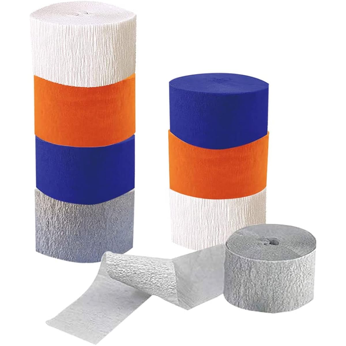 IGUO Crepe Paper Streamers Hanging Party Decorations Navy Blue Orange White Silver Streamers Tassel Graduation Wedding Bachelorette DIY School Party Supplies 8 Rolls