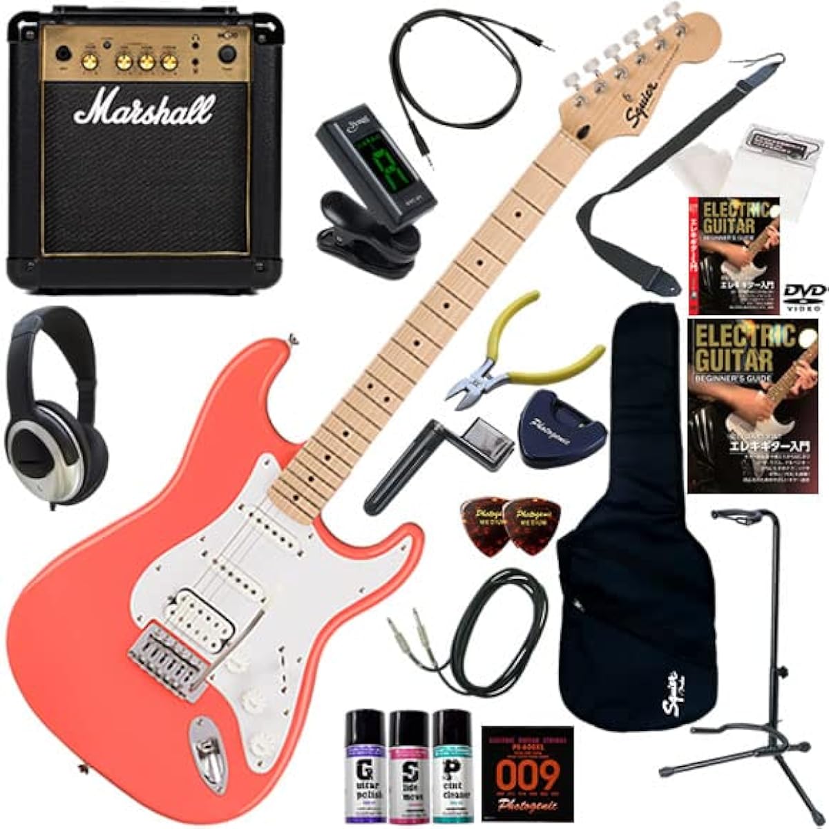 Squier Electric Guitar Beginner's Set 20-piece Set Including the Simple but Powerful Sounding Marshall MG10 Sonic Stratocaster HSS/TCO (Tahitian Coral)