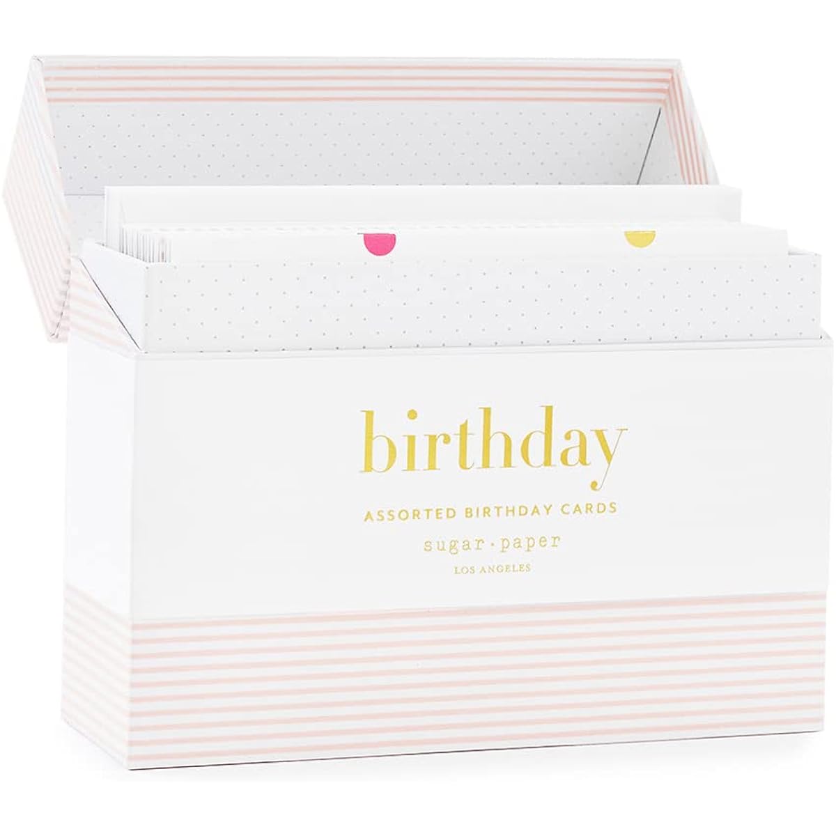 Sugar Paper Birthday Card Box, Assorted Greeting Cards, Set of 12 Birthday Cards and Envelopes, Blank Inside, 6.25" x 2" x 5" Storage Box, 4.25" x 5.5" Greeting Cards