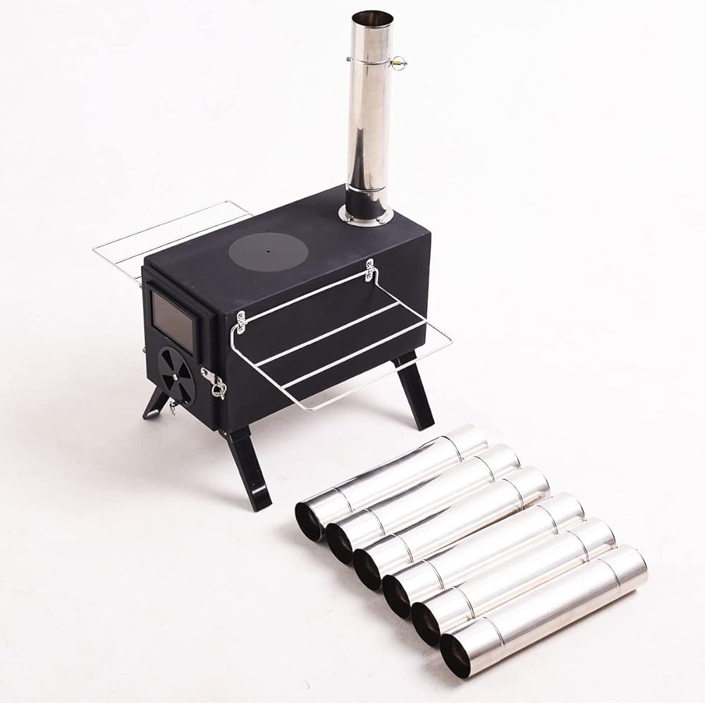 Diligence Wood Stove Folding Small Camping Wood Stove Outdoor BBQ Tent Compact Rectangular Stove Iron Cooking Stainless Steel Chimney Pipe with Glass Window Heat Resistant Fire Stand Wood Fireplace Home Use