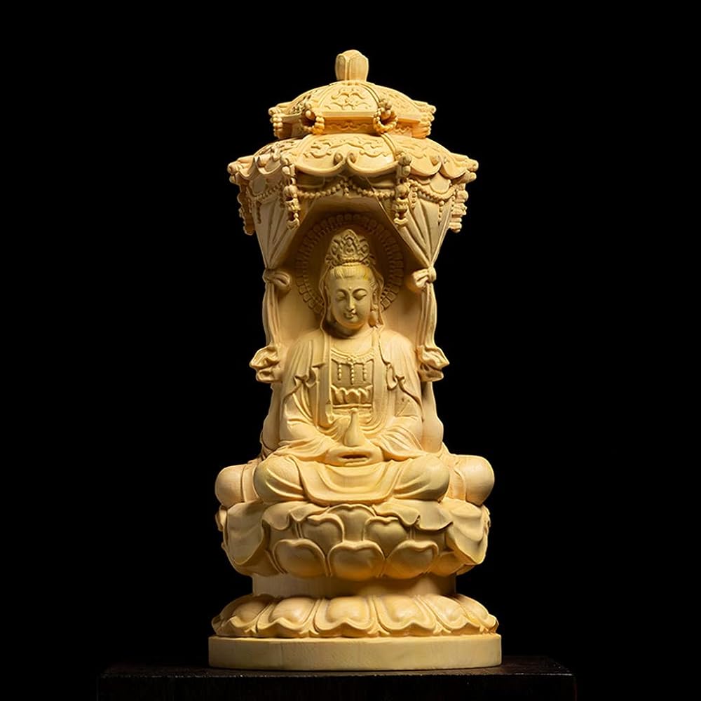 Amida Nyorai Buddha statue Wood carving Kannon Bodhisattva Jizo Bosatsu statue Wood carving Buddha statue Buddhist art work Amida Nyorai statue Yellow Yang Tsuge Pray Warm off evil Great Buddha figurine Amida Triad (Size: Height 10cm)