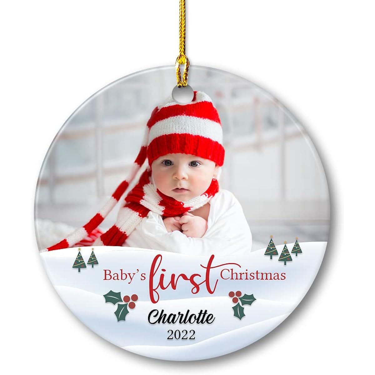 SANDJEST Customized Baby Photo Ceramic Ornament 2022 For Baby/Girl/Lover 1st Christmas Baby Christmas Tree Decoration Circle Ornament