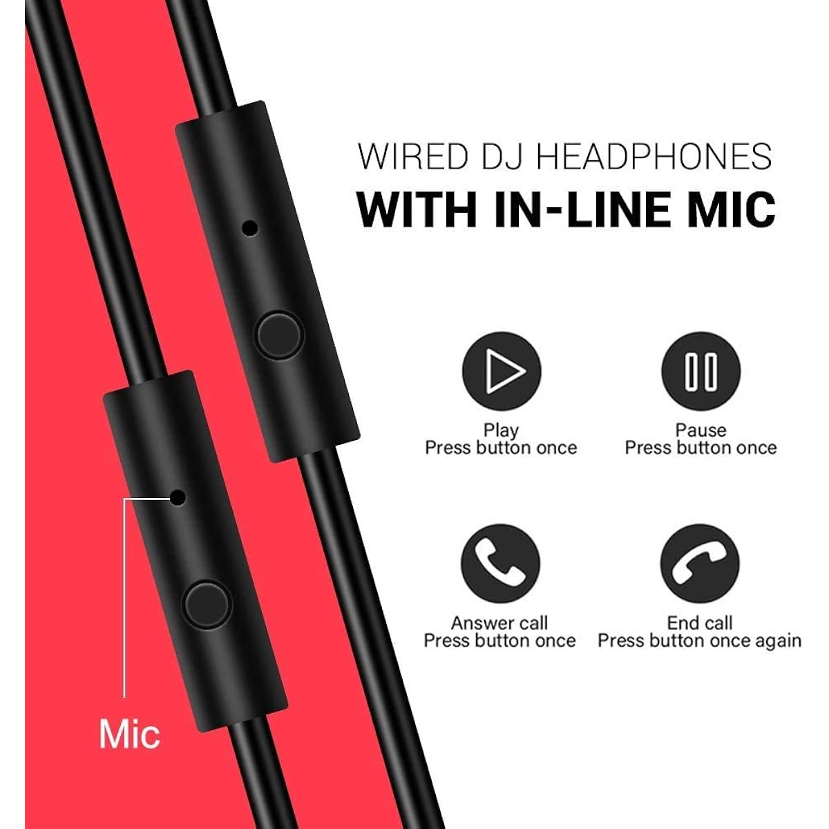 Prosonic Over Ear Headphones Wired Bass Headset with 40mm Driver Foldable Lightweight Headphones with Share Port and Microphone for Recording Monitoring Mixing Podcast Guitar PC TV (Black Red)