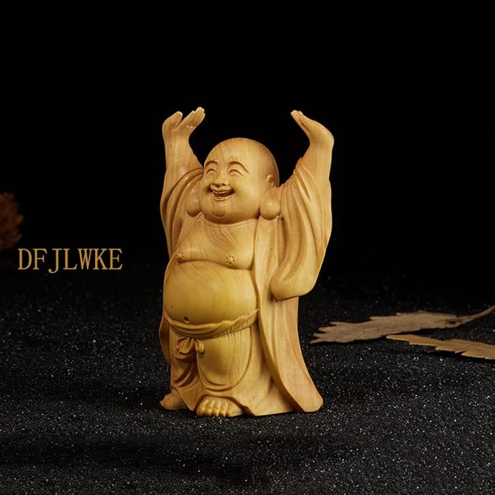 Buddha Statue, Cute, Hotei-like Ornament, Amulet, Examination, Wooden Carved Buddha Statue, Luxury Boxwood Wood Carving, Money Luck Amulet (Height 9.6cm x Width 6.5cm x Depth 4.6cm)