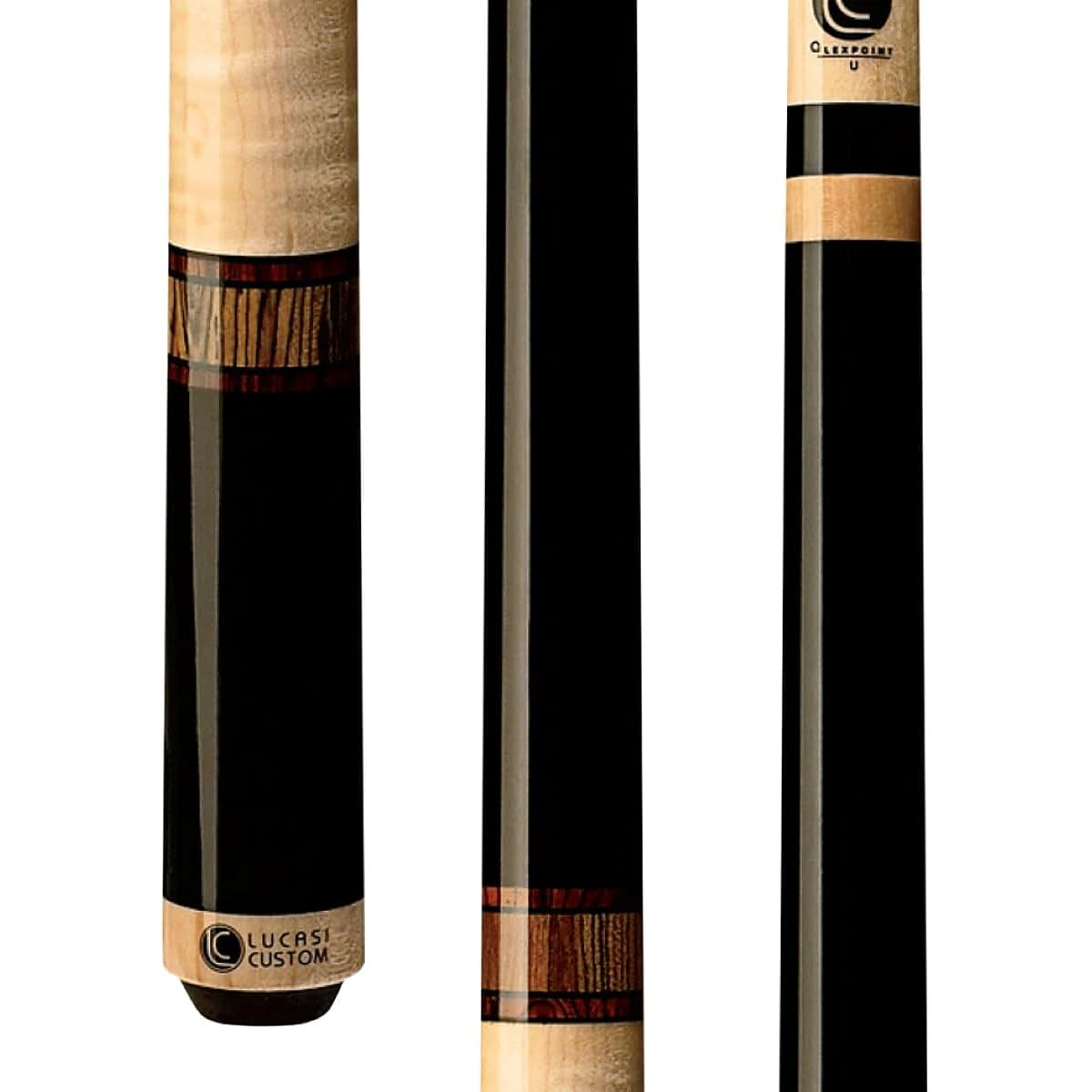 Lucasi Custom Mystic Black and Curly Maple Pool Cue with Cocobola Snakewood Band Ring