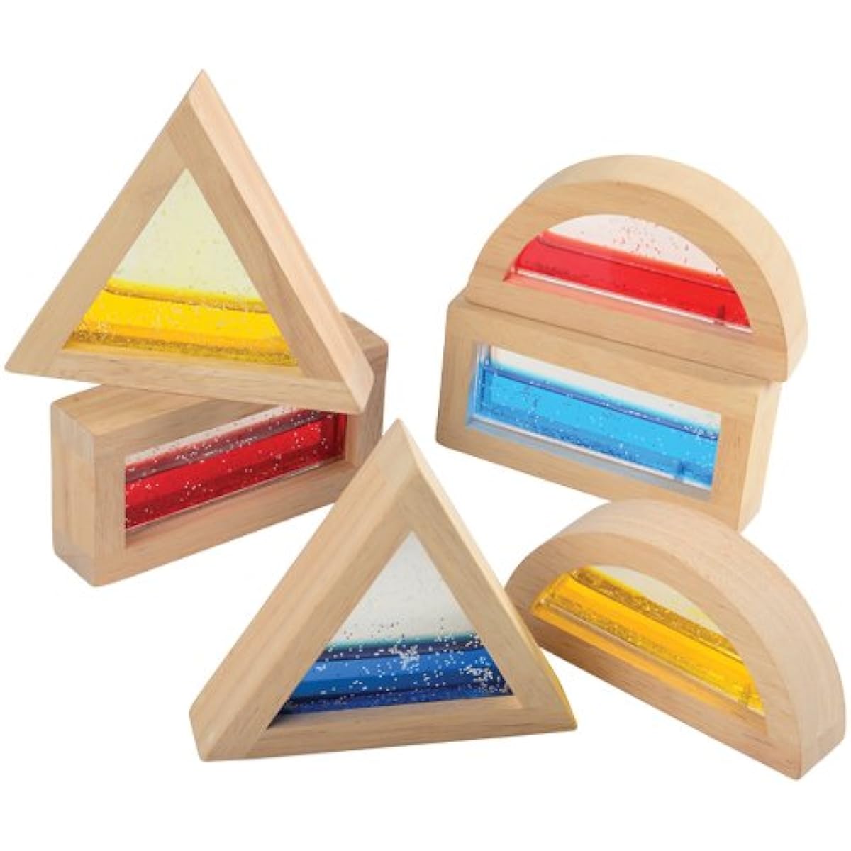 Constructive Playthings Glitter Water Building Blocks Rectangle Triangle Round Hardwood Frame Toddler Toys for Interactive Play Set of 6 Blocks Ages 3+