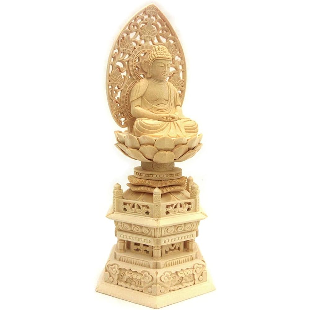 Kurita's special Buddha statue [Tathagata] Amida Nyorai Seated statue 2.0 dimensions (total height 24.5 cm, width 11.5 cm, depth 8.5 cm) Grass halo Hexagonal stand High quality wood carving made of cypress wood 610