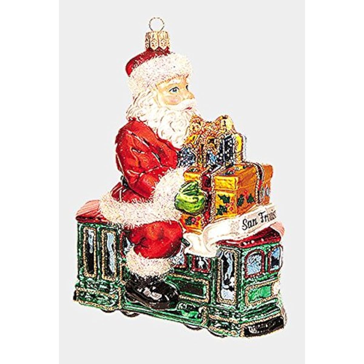 Santa in San Francisco Cable Car Polish Hand Blown Glass Christmas Ornament