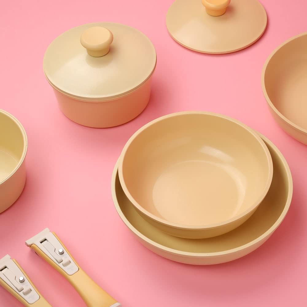 IH Compatible Frying Pan Lid 5 Piece Set Ceramic 6 Layer Coating Color Pan 18-26cm Removable Handle Household Pot Set for Living Alone KITCHEN CHEF Lemon Yellow Color