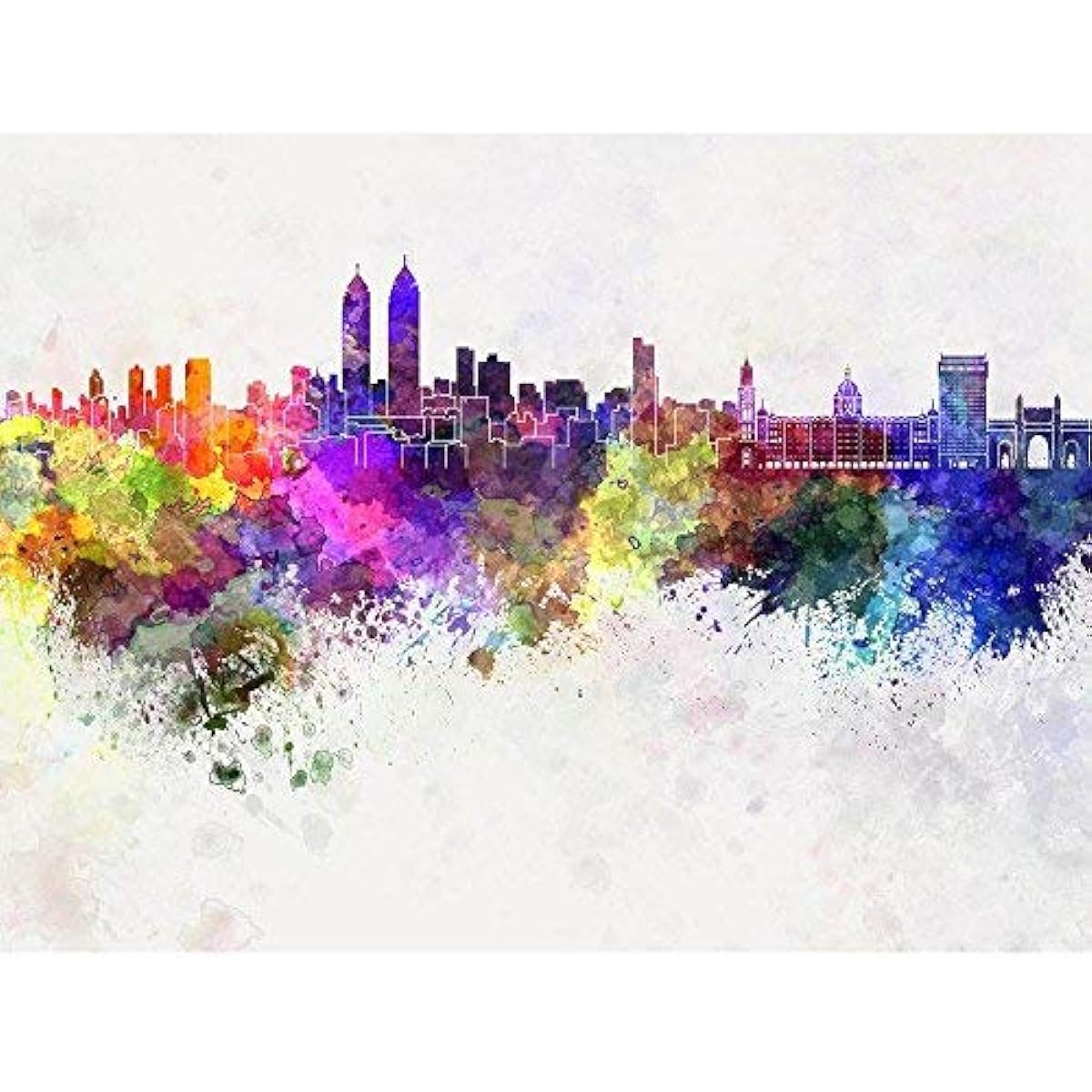 Pitaara Box Mumbai Skyline in Watercolor, India Canvas Painting | MDF Wooden Mounting Frame 26.7" x 20" (67.7cm x 50.8cm)