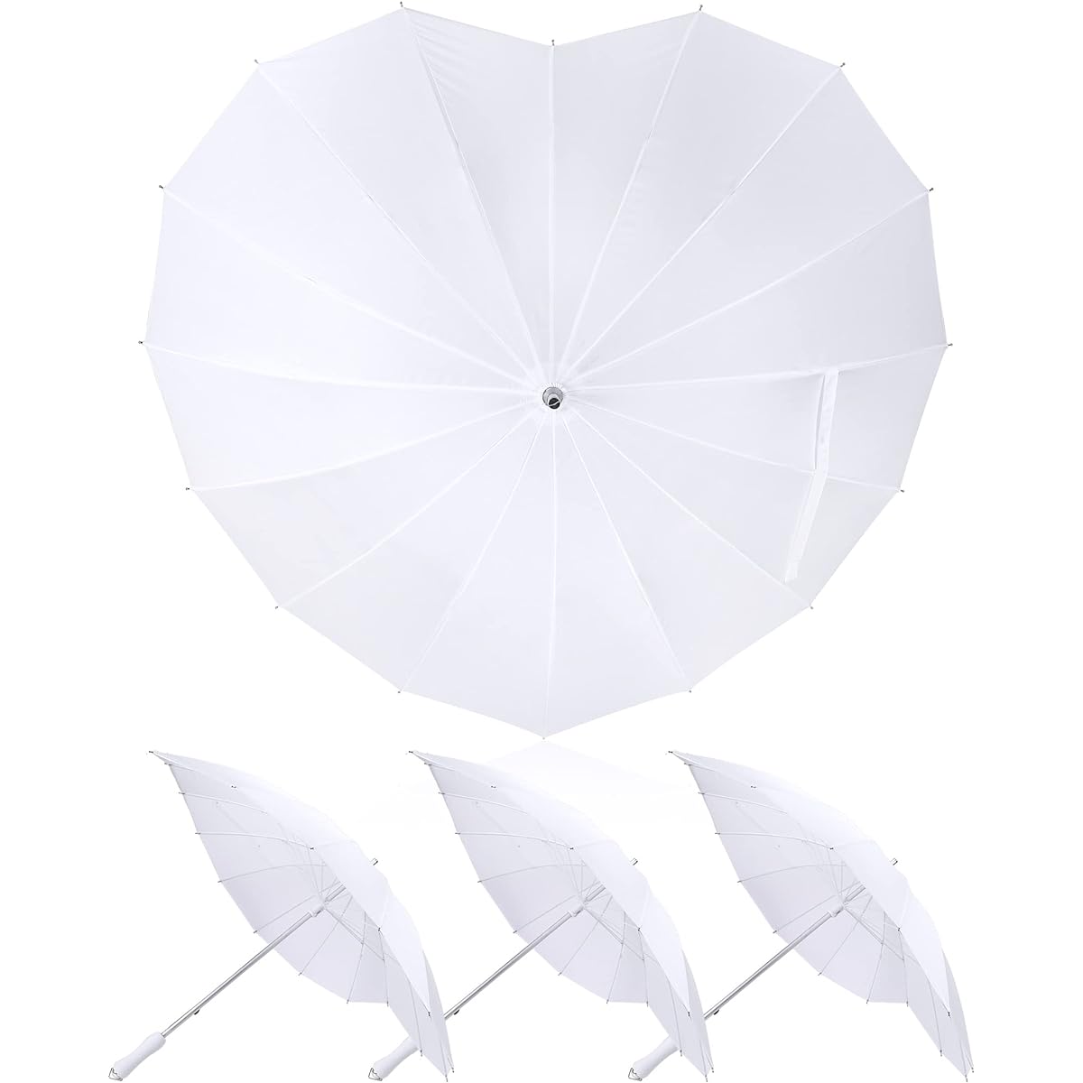 Chunful Heart Broly Heart Shaped Girls Umbrella Stick Umbrella Forever Love Parasol White Umbrella for Bride Valentine/Engagement/Wedding/Photo Props, Set of 4