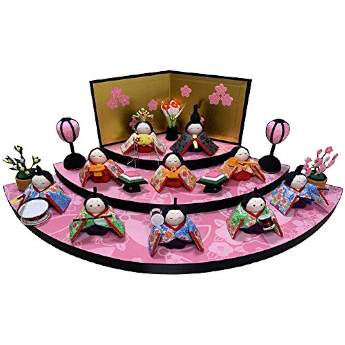 Ryukodo Hina Dolls, Fan-Shaped Three-Tiered Warabe Hina Dolls, Set of 10, Width 45cm x Depth 23.5cm x Height 13.5cm (Screen 9cm, Base 4.5cm) Hina Dolls, Compact, Chirimen, Three-Tiered Decoration