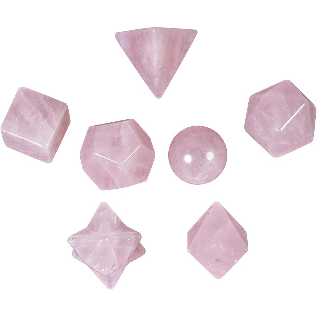 SUNYIK Platonic Solids Sacred Geometry Set of 7 with Meditation Merkaba Star, Rose Quartz
