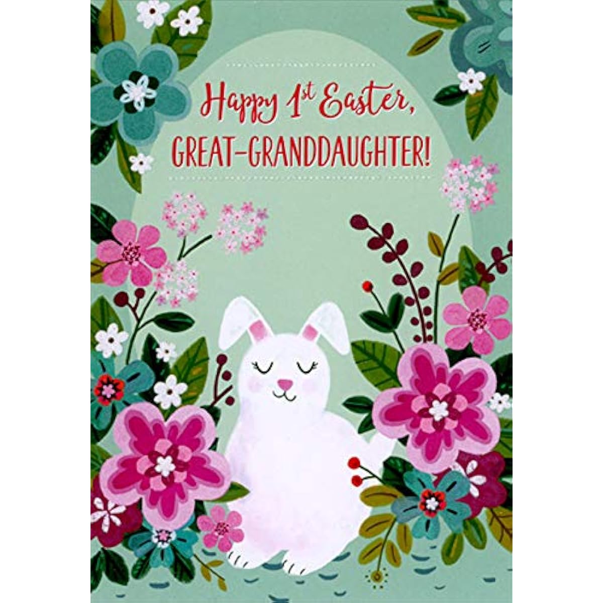 Designer Greetings Closed Eyes Bunny: Pink, Blue, White Flowers Great-Granddaughter 1st: First Easter Card