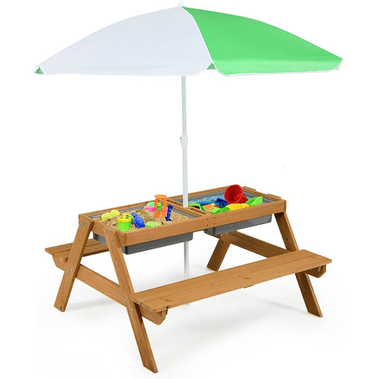 ARLIME Sand and Water Table - 3-in-1 Children's Picnic Table with Adjustable Height Umbrella, Removable Table Top & 2 Removable Game Boxes, Water Play Table for Boys and Girls, Outdoor Sensation Table (Natural) OT-HY10008