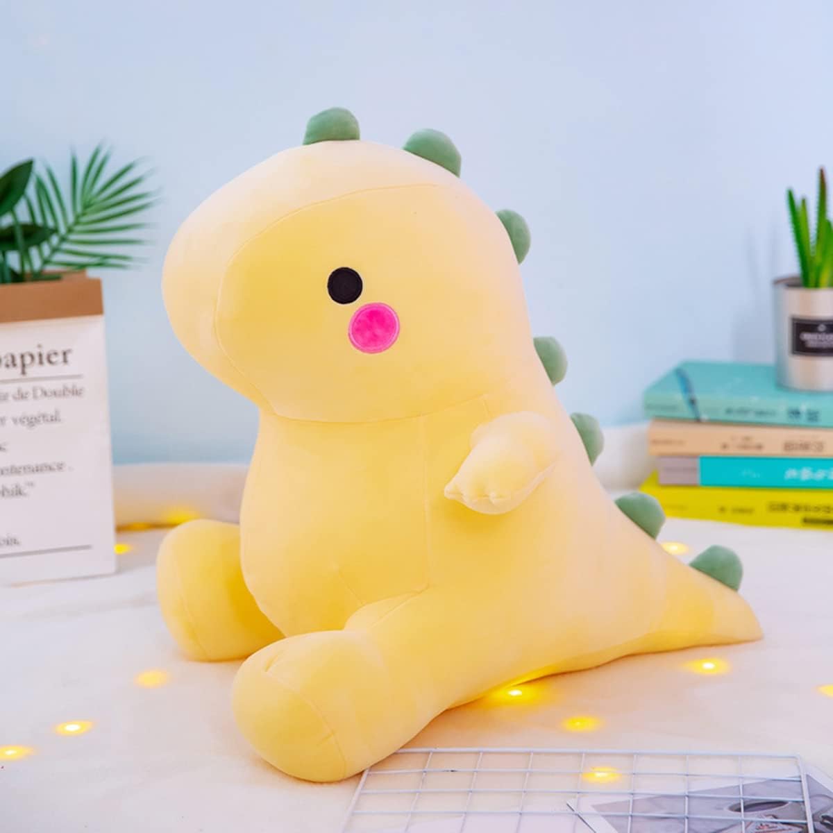 FPYWO Cute Dinosaur Plush Toy Yellow Thick Dinosaur Stuffed Animal 13.75 Inch Dinosaur Plush Throw Pillow Ultra Fabric Bed Rest Chair Gift for Boys and Girls