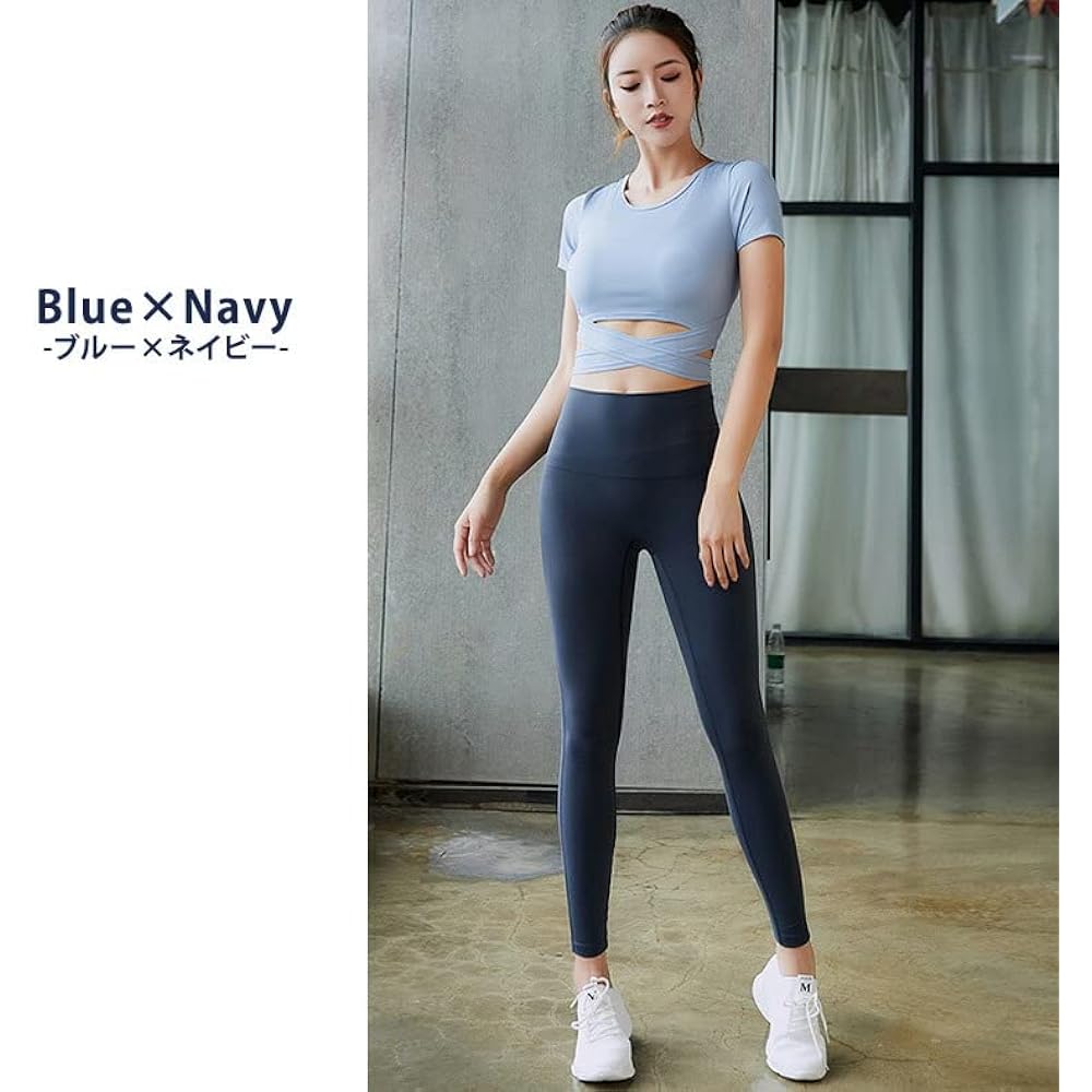 [DAYCLOSET] Women's Yoga Wear Tops Leggings Top and Bottom Set High Waist Thin Short Sleeve Cross Band yoga104