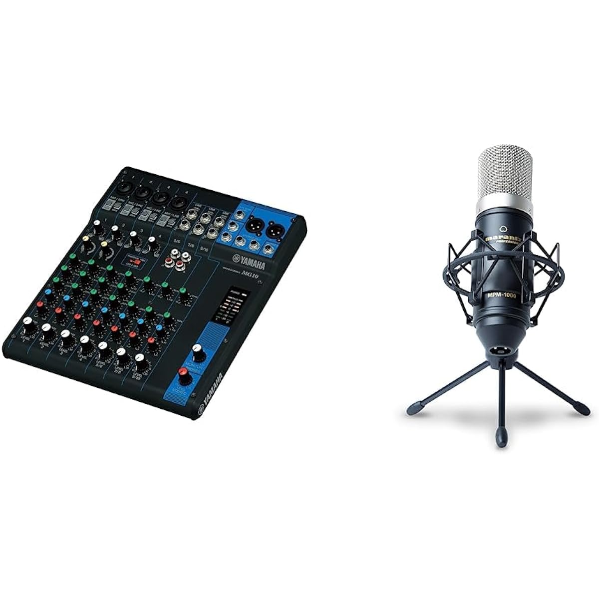 [Set purchase] Yamaha 10 channel mixing console MG10 & Marantz Pro condenser microphone, gaming, distribution, recording, unidirectional, shock mount, windscreen, microphone stand, XLR cable included, 48V phantom power supply MPM-1000