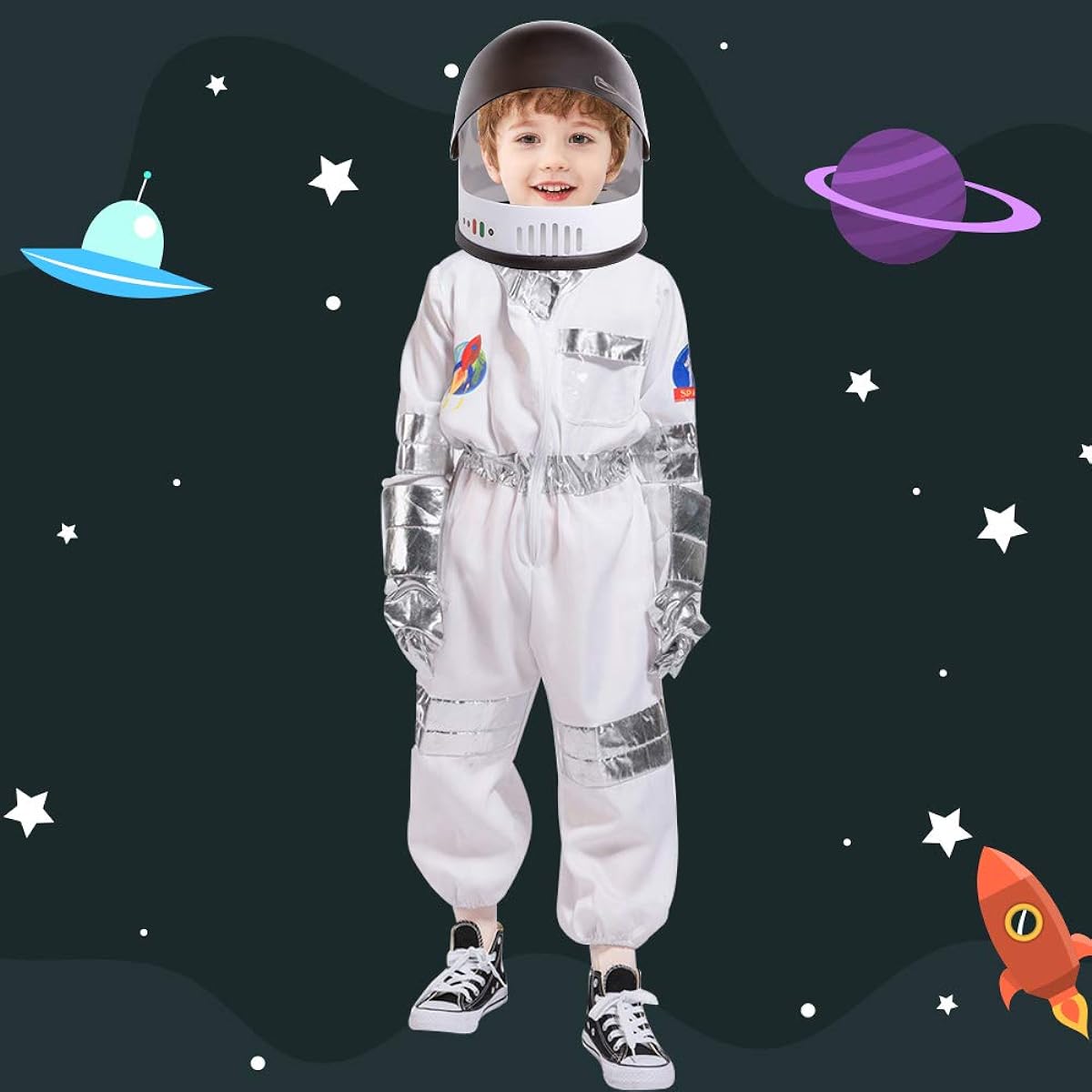 eccbox Astronaut Costume for Kids, Space Pretend Role Play, Dress Up, with Astronaut Helmet, Halloween Costume, Boys and Girls, Ages 3-7, White