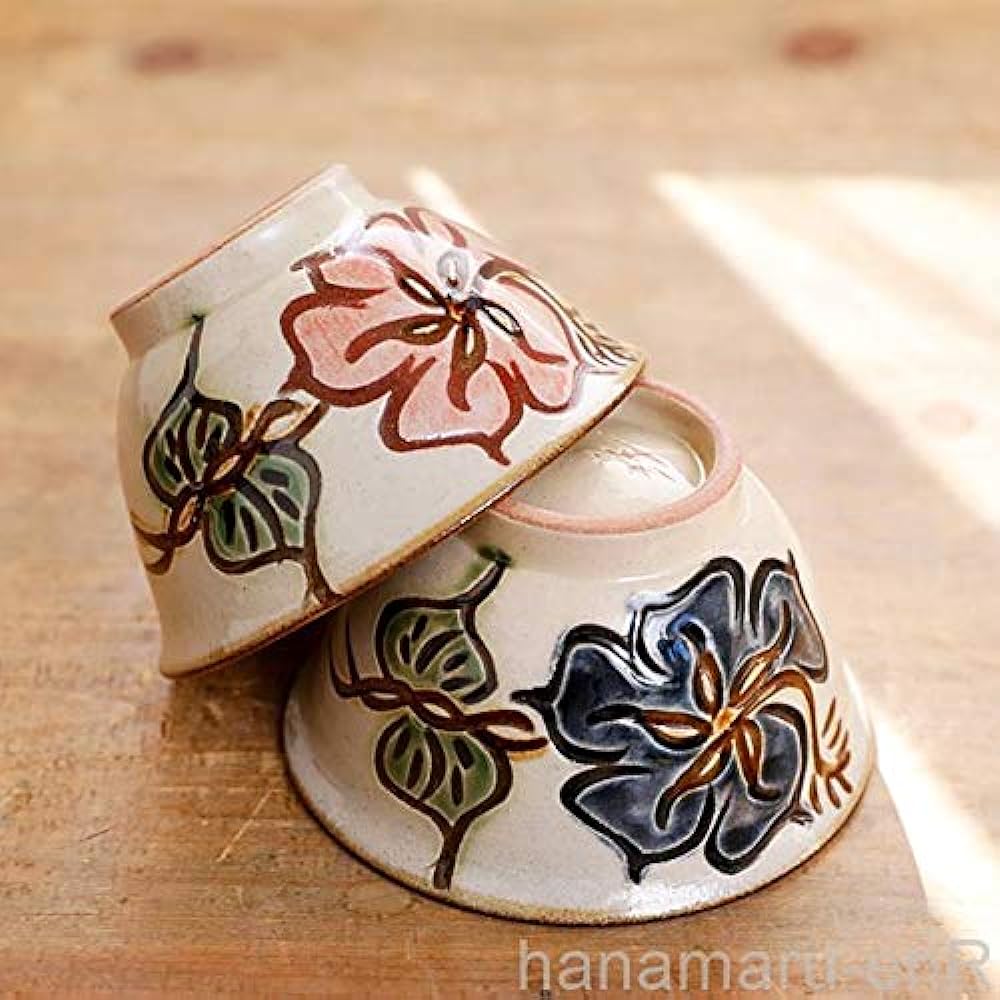 Yachimun (Okinawa pottery) 3.5 inch Makai Hibiscus pair set | Tea bowl, bowl, tableware, line carving, pottery