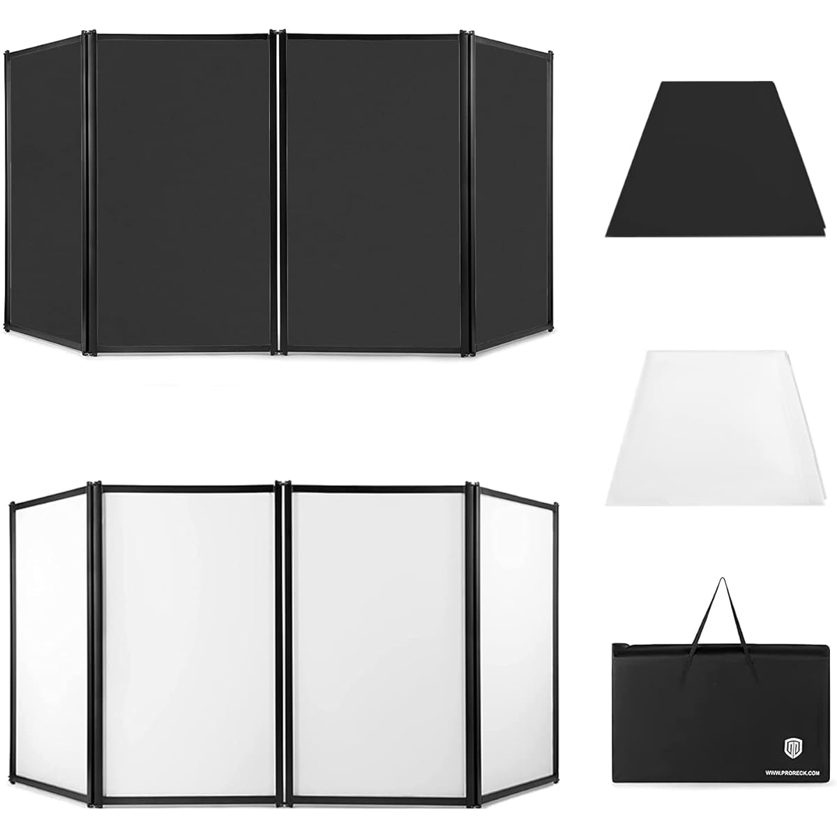 PRORECK DJ Foldable Facade Portable Event Booth Panel with 4 Removable Black Metal Frame Projector Display Scrim Panels with Carry Bag (Black & White)