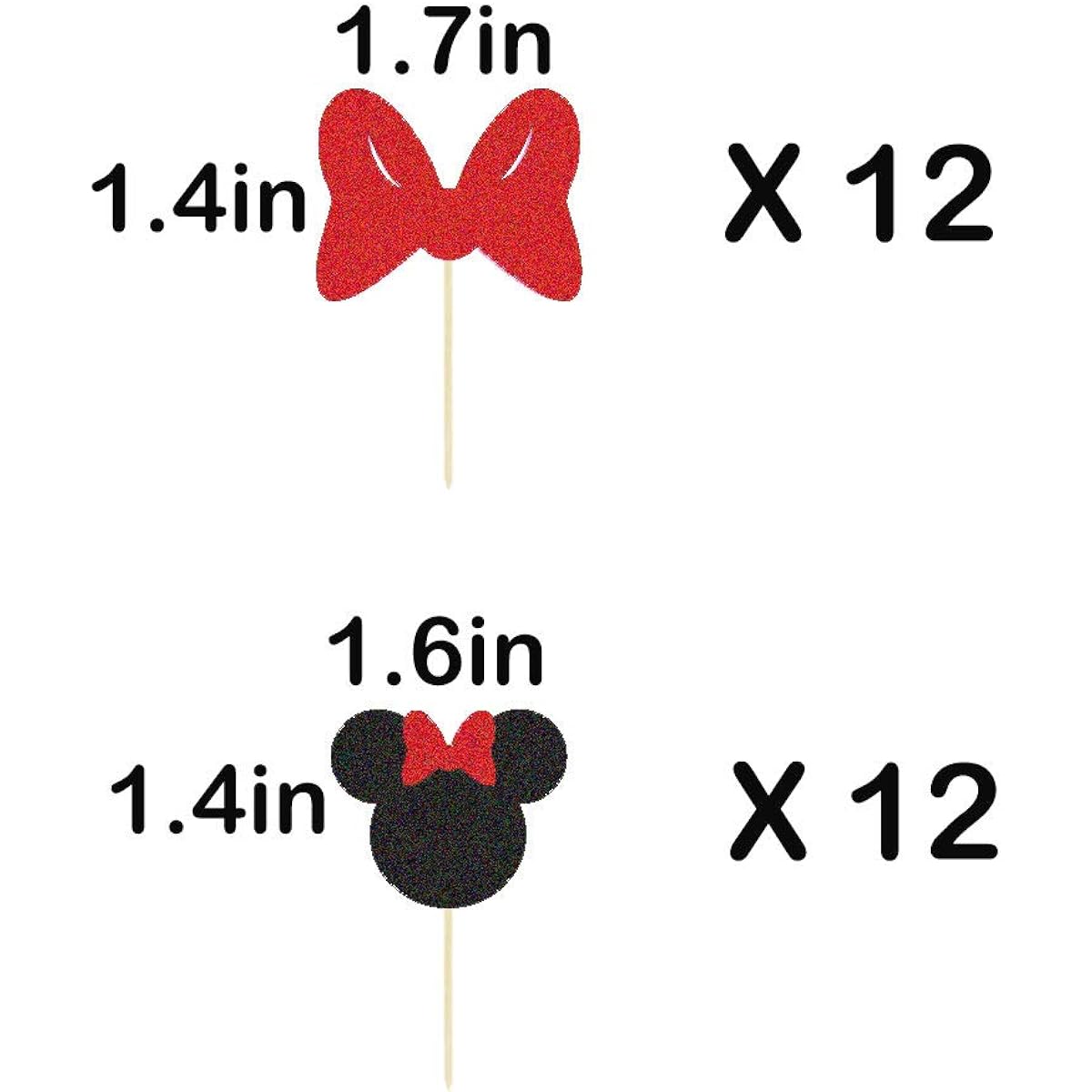 Minnie Cupcake Toppers for Girls Pink Mouse Baby Shower Party First Duo Birthday Supplies Decorations Table Decor Photo Booth Props 24pcs (Red)